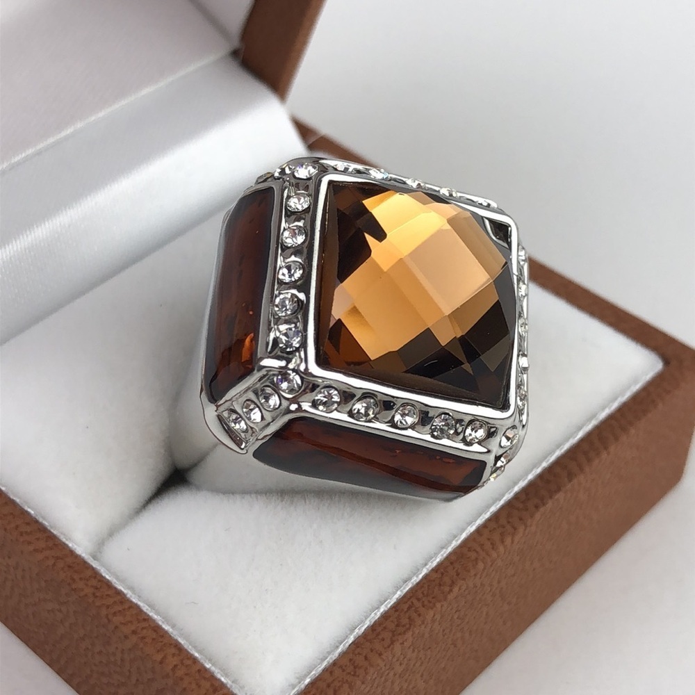 Smoky Quartz Ring Men's Size 8 Square Simulated Stones Faceted Silver Tone Band